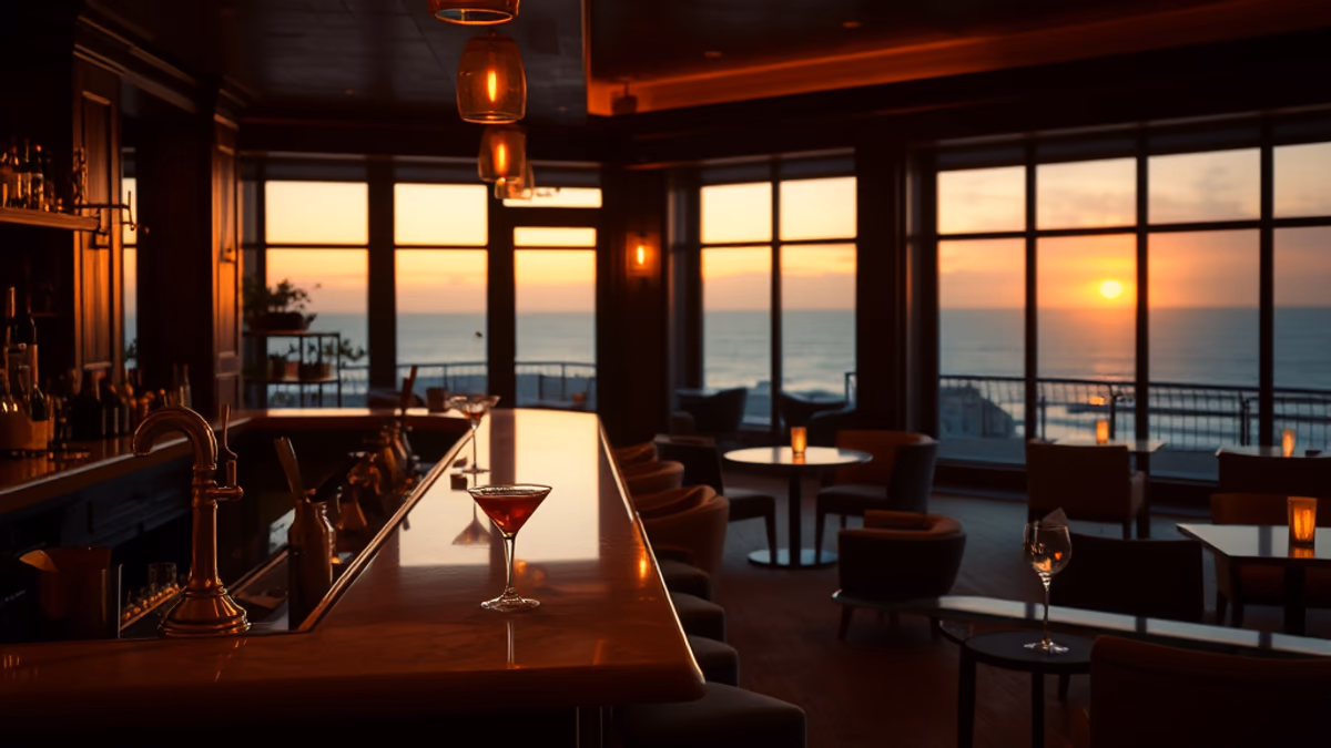 The Surf Lodge Montauk outdoor deck at sunset over Fort Pond with summer crowd and DJ set